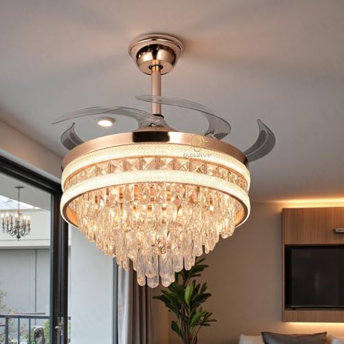 Image of Glowave 52 Inch Black Gold Crystal Chandelier Fan 3 Colors Light Speed Setting 6 Fan Blades Remote Control Ceiling Fan for Kitchen, Cafes, Hotels, Dining, Bar (FI 7641)