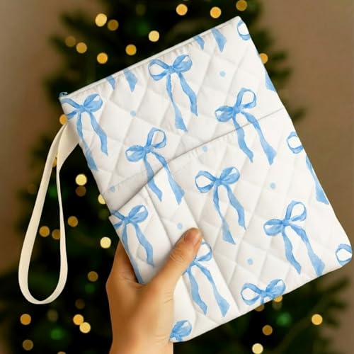 Gilprop Blue Bow Bible Book Sleeve with Zipper 11' x 9' Padded Protector Washable Quilted Book Covers Printed Bible Pouch with Handle Pockets Protector for Books Lover Christian Gifts