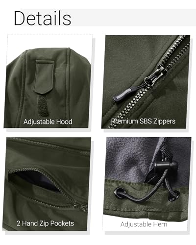 Outdoor Ventures Damen Softshelljacke Kurze Gefütterte Funktionsjacke Wasserdichte Übergangsjacke mit Abnehmbarer Kapuze Regenjacke Outdoor Regenmantel Softshellmantel für Wandern Laufen Oliv-Grün L