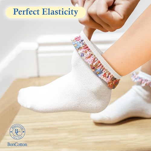 Girls Toddler Ruffle Cotton Summer Socks - Dress White Uniform Ankle Socks 4 Pairs4