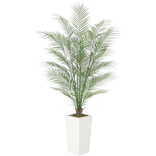 5FT Fake Palm Tree Faux Areca Palm Plants with 32 Full Lifelike Palm Leaves Realistic Trunks Fake Tropical Palm Tree for Indoor Home Office Outdoor Yard Décor with Tall Trapezoidal Prism White Pot