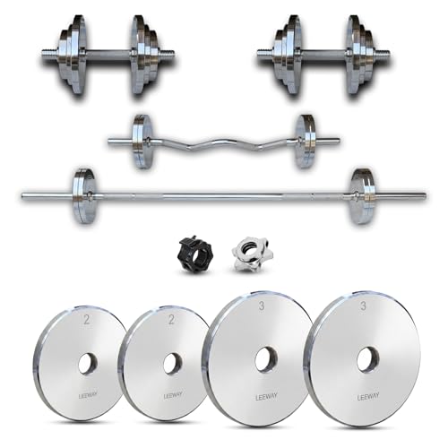 Image of Leeway Steel Home Gym Set 10kg | 3Ft Curl Rod + 5Ft Barbell Set (28mm) | Dumbbell Rods + Chrome Plated Steel Weight Plates | Dumbbell Plate | Gym Equipment for Home Workout (Chrome, 10kg Set (2.5X4))