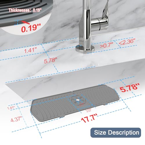 Image of Sink Drain Mat Behind Faucet,Faucet Guard Draining Mat, 90 Foldable Tap Draining Mat for Kitchen Sink with 2 Water Ports, Faucet Drain Mats for Kitchen, Bathroom, etc (Gray, 17.7 inch*5.78 inch)
