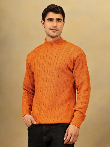 Image of Kvetoo Men's High Neck Cable Knit Sweater | Winter Pullover | Warm Wool Blend |Casual Full Sleeve Sweater for Men | Stylish Ribbed Neck Slim Fit Winterwear