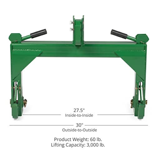 Titan Attachments 3 Point Quick Hitch Adaption To Category 1 And 2 Tractors, 3000 Lb Lifting Capacity, 27.5" Between Lower Arms, 14.5" ~17.5" Level Adjustment, Green Finish #TOP1