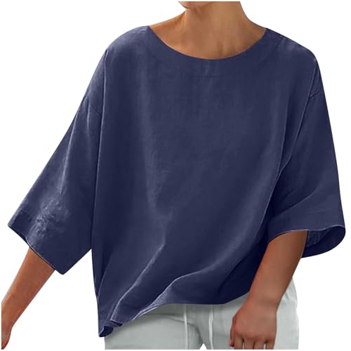 Blusa informal para mujer, cuello redondo, manga 3/4, color liso, para ocio, verano, ajuste holgado, de lino, para el trabajo diario, azul marino, XL