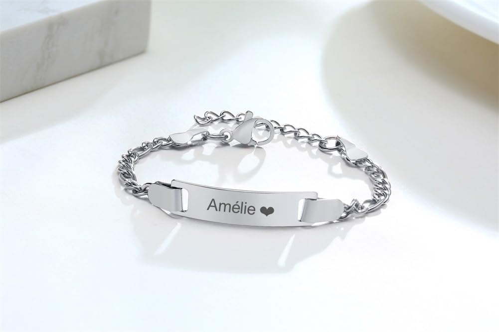Bracelet Personnalisé Gourmette Bébé Filles - Mignon Charm Bracelet Chaîne Figaro Réglable Gravé Prénom Bracelets Bijoux Enfants Cadeaux Anniversaire Baptême Première Communion Noël
