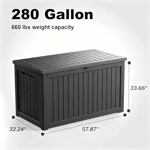 Image of 280 Gallon Waterproof Outdoor Storage Box, UV Resistant Resin Deck Box with Hydraulic Rod for Reinforced Stability, Perfect for Patio, Garden, and Pool（Black，280 Gallon）