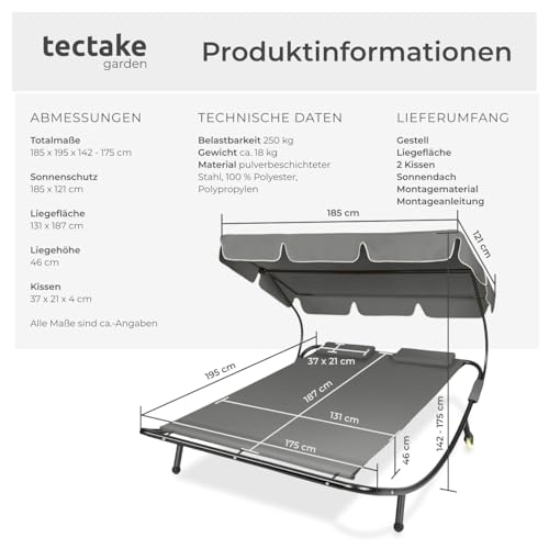 tectake Sonnenliege, Doppelliege, Outdoor Liege für 2 Personen, Gartenliege mit Sonnendach, Relaxliege, Sonnenliege mit Dach, inkl. 2 Kissen, ideal für Garten oder Balkon - schwarz/grau