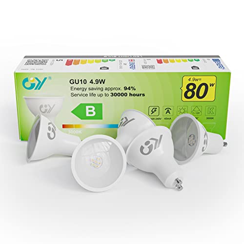 GY 4.9W Bombilla GU10 LED 3000K Blanco Cálido 780LM (Equivalente a 80W), No Regulable, 120 Grados Ángulo de haz - Bombilla Bajo Consumo Clase B, No Parpadean Bombillas LED GU10 Pack de 5