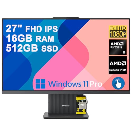 Image of Lenovo IdeaCentre AIO Desktop 27 inch FHD Touchscreen (99% sRGB) AMD 6-core AMD Ryzen 5 7535HS 16GB RAM 512GB SSD Type-C Harman Speaker Wi-Fi6 5MP Camera Win11Pro ICP Hub