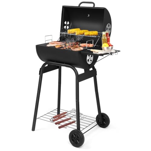 Pobbycrafm Barbacoas Portatiles de Carbón, Parrilla De Carbón para Exterior con Termómetro, Ventilación Ajustable, Tapa y Ruedas, Parrilla Pícnic para Exterior, Camping, Balcón, Negro