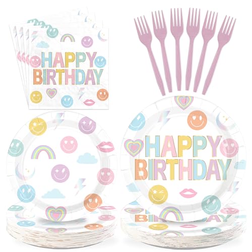 Greencian 96Pcs Rainbow Birthday Party decorations Smile Face Rainbow Plates and...