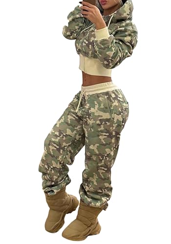 LETSVDO Women's 2 Piece Outfits Sweatsuit Camo Zip Up Crop Hoodie Sweatshirt Y2k Wide Leg Camouflage Sweatpants Set