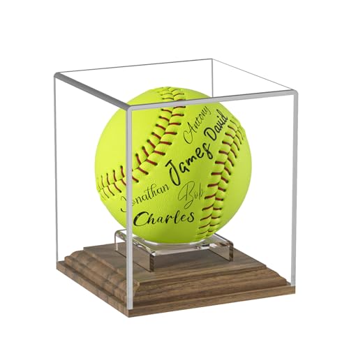 Softball Display Case Walnut Wood Base Acrylic Softball Case Display Softball Holder Stand Cube Memorabilia Showcase Autograph Ball Protector for Official Size Ball Display