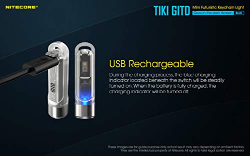 Nitecore Tiki GITD Blue Keychain Flashlight with UV & High CRI Light, 300 Lumen Everyday Carry EDC USB-C Rechargeable with Charging Cable