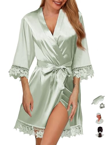 3Pcs Womens Satin Robes for Bride Bridesmaid Silk Bathrobes Silky Kimono Robe for Wedding Party Loungewear Lace Sleepwear