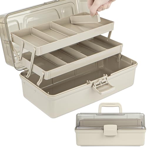 Creahaus Caja de almacenamiento multiusos de 3 capas de 12.5 pulgadas, cajas de almacenamiento para manualidades con compartimentos, caja de herramientas de plástico, caja de almacenamiento de