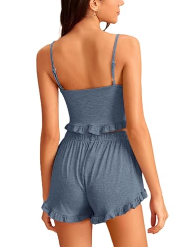 Image of Avanova Women Sexy 2 Piece Pajama Set Ruffle Trim Cami Top and Shorts Sleepwear Set