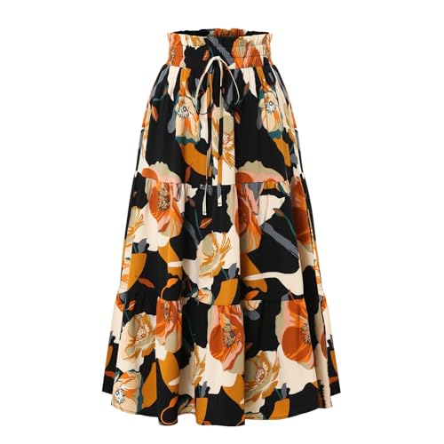 Women's Floral Midi Skirt Elastic Pleated Skirt High Waist Ruffle Skirt