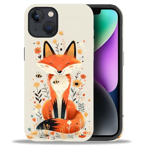 Bvkilrvc Compatible with iPhone 13/iPhone 14 Case, Cute Fox Bee Flowers Pattern Print Phone Case Funny Liquid Silicone Case Impact Resistant Anti-Scratch Shockproof Protective Cover