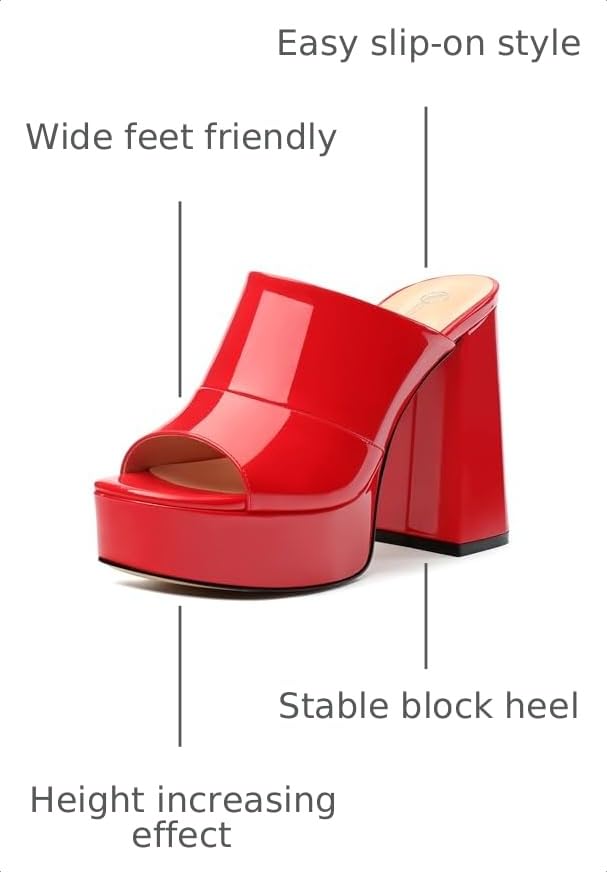 Image of Women Square Open Toe Platform Chunky Heel Slide Sandals | Slip On High Heel Dress Sandals, Elegant Formal Footwear For Wedding Club Evening Party Events