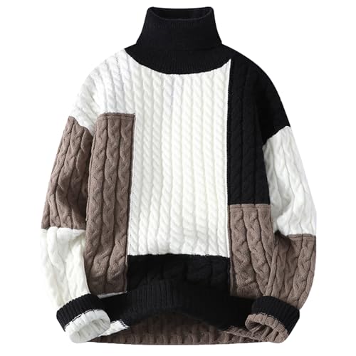 Cambkatl Men's Patchwork Cable Knit Pullover Sweaters Stylish Colorblock Turtleneck Long Sleeve Casual Jumper Tops