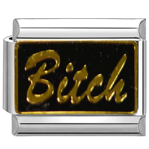 UNY JEWEL Bold Statement Bitch Italian Charm 9mm Stainless Steel Link - Bitch Script Design Modular Charm Bracelet Link