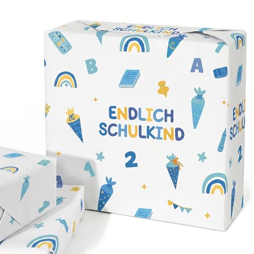 4 Blatt Geschenkpapier Einschulung 50x70 cm Boho Schulanfang Geschenkpapier mit Endlich Schulkind ABC 123 und Zuckertüte Motiven Geschenkverpackung für Schulbeginn Schulstart Party (Blau)