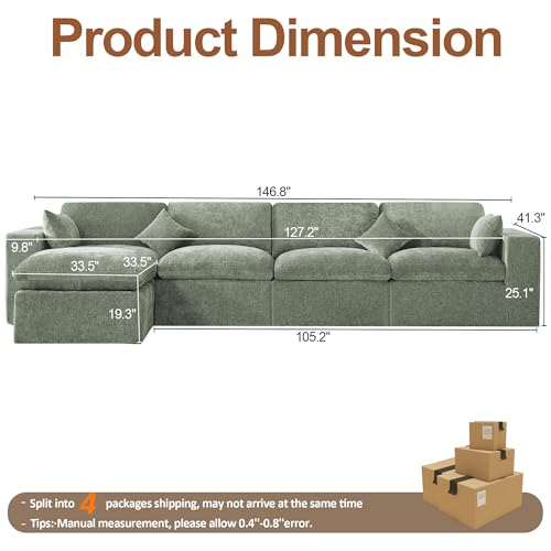 Image of 146''Cloud Boneless Sectional Couch, Modular Sectional Sofa Deep Seat with Ottoman, Oversized Upholstered Convertible Comfy 5 Seater Chenille Sofa L Shape Couches for Living Room, Green