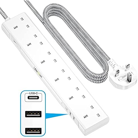 LENCENT Extension Lead with USB C Port, 3250W 13A, 6 Way Outlets Power Strip with 1 USB-C and 2 USB Slots, Multi Power Plug Extension with 1.8M Braided Extension Cord for Home Office, White Cover