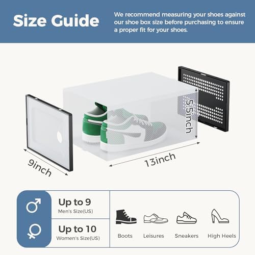 DUMOS Shoe Storage Boxes, 12-Pack Stackable Clear Shoe Containers with Lids, Display Sneaker Case Organizer for Closet, Under Bed, Entryway,Black, Fit Size 9 - 2