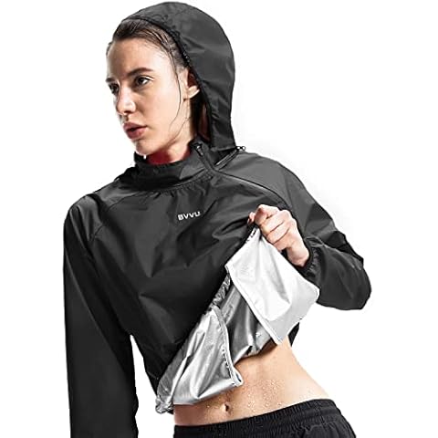BVVU Sauna Suit for Men Women Zipper Sweat Sauna Jacket Pant Gym Workout Sweat Suits with Hood Slimming Training Bodyshaper, 2pc-jacket&pants-women(black), XL Cover