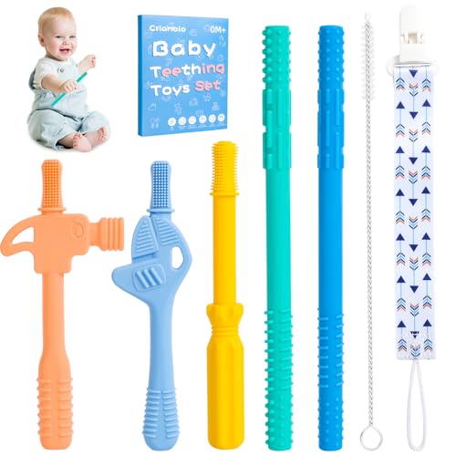 Hollow Teether Tube, Chew Straws for Toddlers 6-12 Months, BPA Free Silicone Baby Molar Teether Chew Toys, 5 Pack Teething Toys Hammer Wrench Shape Gift for Boys Girls