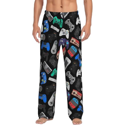 Gaming Controller Print Mens Pajama Pants Soft Lounge Sleepwear with Pockets Black Video Game Pattern Medium