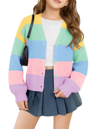 Haloumoning Girls Cardigan Sweaters Kids Colorblock Button Front Sweater