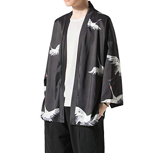 Image of PRIJOUHE Men's Japanese Kimono Cardigan Jackets Casual Long Sleeve Open Front Coat Lightweight Yukata Outwear