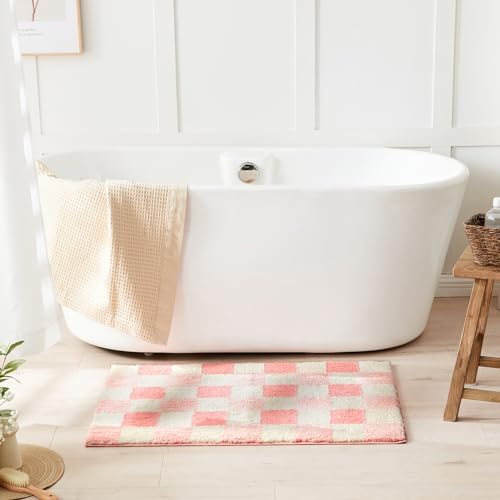 CozeCube Bath mats for Bathroom Non Slip, Fluffy Absorbent Microfiber Bath mat Washable, Aesthetic Bathroom Rugs, Long Blossom Pink Checkered Bath mat, Blossom Pink, 47" x 24" by CozeCube - Used condition - Image 2