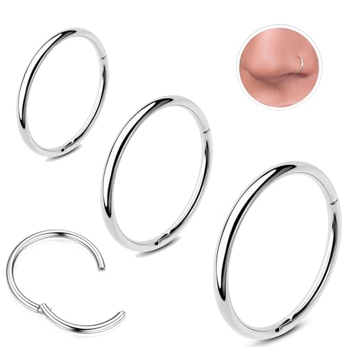 3Pcs 18G Silver Nose Rings Hoops for Women Men Hypoallergenic 316L Surgical Steel Hinged Clicker Segment Nose Hoops Helix Cartilage Daith Tragus Sleeper 6/8/10mm Earrings Real Body Piercing Jewelry