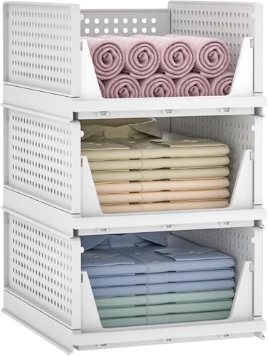 Image of JD FRESH 3 Pieces Foldable Wardrobe Rectangular Organizer for Storage /Adjustable Cupboard Organiser for Clothes /Multipurpose Stackable Rack /Polypropylene Sliding Drawer Basket /Shirt Stacker(White)