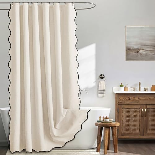 MIULEE Light Cream Scalloped Linen Shower Curtain 72x72 Inches