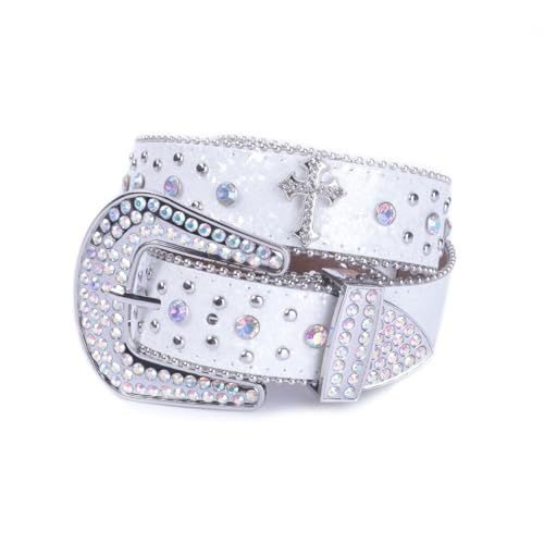 Strapvia Rhinestone Belt for Men & Women Western Cowboy Cowgirl Belt with Bling Cross Design for Jeans (Shiny White waist size 42-45)