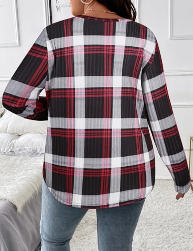 Image of Koscacy Women Plus Size Casual Knit Sweater with Pocket V Neck Solid Color Tops Lightweight Long Sleeve Blouses