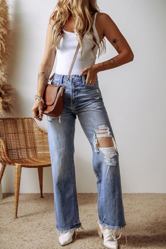Stylish Distressed Raw Hem Jeans - High Waist Straight Leg in Ashleigh Blue4