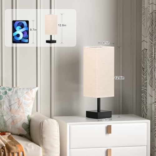 Image of aooshine Small Bedside Table Lamp for Bedroom - Square Beige Fabric Shade | Inline Rocker Switch, Corded Electric, Bulb Not Included, 12.8 inch Mini Table Lamp for Nightstand, Desk, Dorm, Office