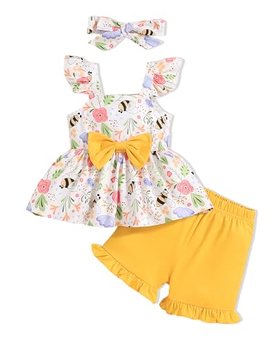 Image of PaPaai Sara Toddler Baby Girls Clothes Summer Outfits Ruffle Sleeve T-shirt + Shorts Cute Girl Clothing Set 6M-4T