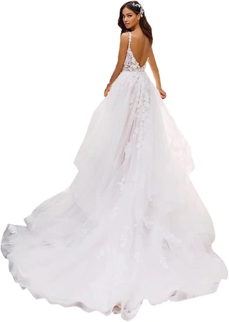 Deep V Neck Wedding Dresses for Women Long Ball Gown Spaghetti Straps Lace Wedding Gowns for Bride DR0001-03