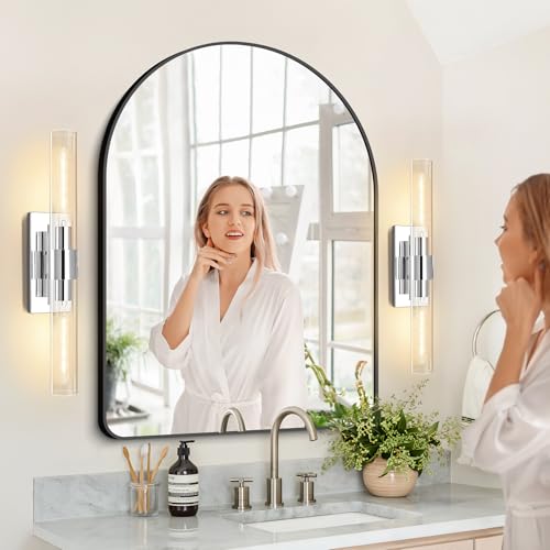 Image of Wall Sconces Set of 2, 22.8 inch Chrome Bathroom Sconces, Indoor Sconces Lighting with Glass, Nickel Vanity Lights with Tube, Dimmable Bedroom Bedside Wall Light for Dressing Table Staircase