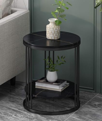 Image of 2 Tier Round Coffee Table with Black MDF Wood Top | Storage Shelf | Black Metal Frame | Centre Side End Bedside Table for Living Room Bedroom Balcony Office Home Decor Furniture