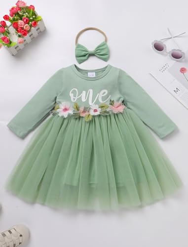 ODASDO Baby Girls First Birthday Outfit Cotton Long Sleeve Tulle Tutu Princess Dress with Bowknot Headband Set2